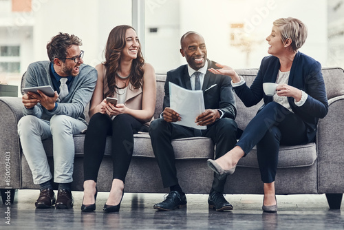 Waiting room, business people and talking for interview, recruitment or laugh for career opportunity. Happy group, hr candidate and queue with tech for job search, hiring and cv document for meeting