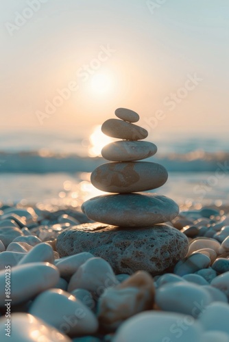 Balanced Stones on Seashore at Sunset Calm Zen