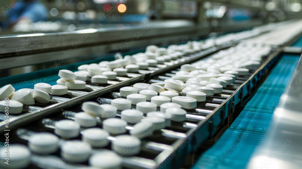 Fototapeta premium Tablets and capsules are made in a factory on a production line. White painkiller pills move on a conveyor belt to be packaged.