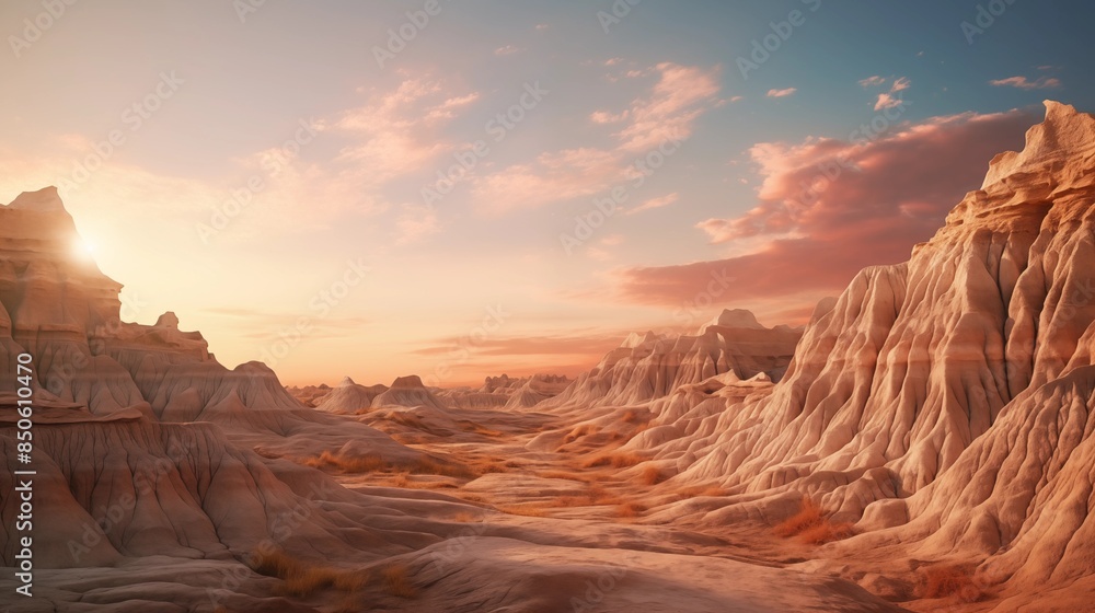 illustration of majestic view of rough uneven solid surface of badlands in evening at sunset time.