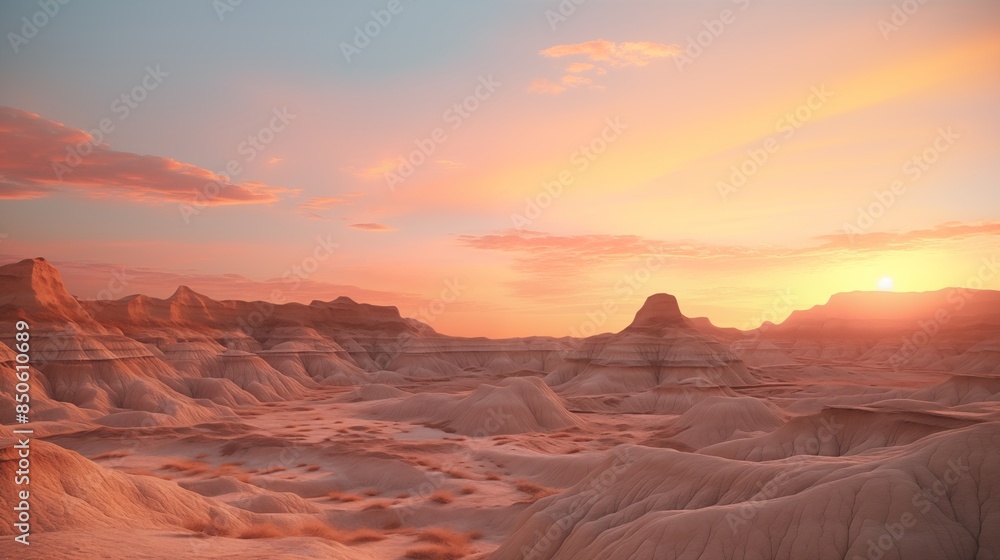 Fototapeta premium illustration of majestic view of rough uneven solid surface of badlands in evening at sunset time.