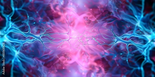 Neurons communicate via electrochemical signals utilizing specialized cellular machinery for transmission. Concept Neuroscience, Cellular Communication, Brain Function, Electrical Signals photo