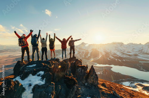 A group of people standing at the top of the mountain, cheering with their arms raised high in joy and victory. 