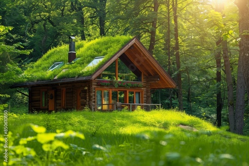 Charming eco-friendly log cabin with a grass roof nestled in a lush forest. The sunlight filters through the trees, creating a serene atmosphere.