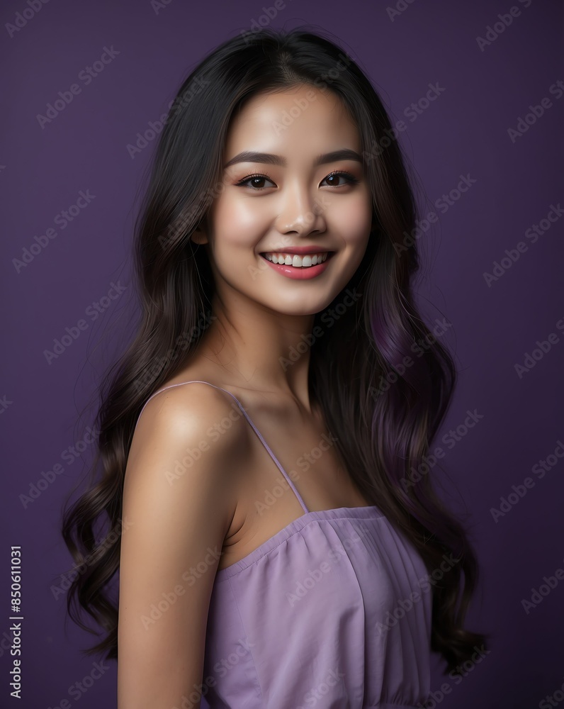 purple background studio portrait of smiling asian pretty woman model with clear smooth skin purple background studio portrait of smiling asian pretty woman model with clear smooth skin