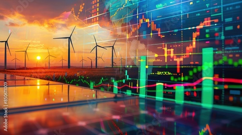 Sunset over wind turbines and financial data overlay, representing renewable energy investments and stock market trends.