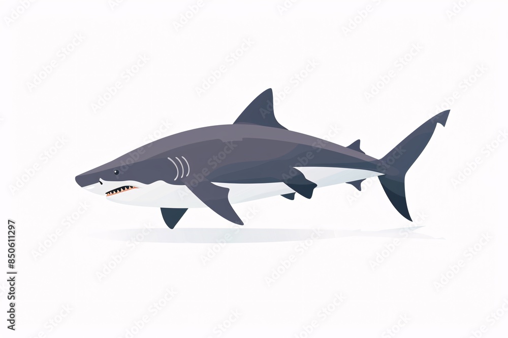 Fototapeta premium Smiling 64-bit Shark Illustration in Playful Flat Design on White Background