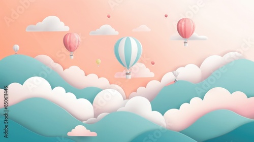 Whimsical pastel illustration of hot air balloons floating above clouds on a soft sunset sky, evoking a serene and dreamy atmosphere.