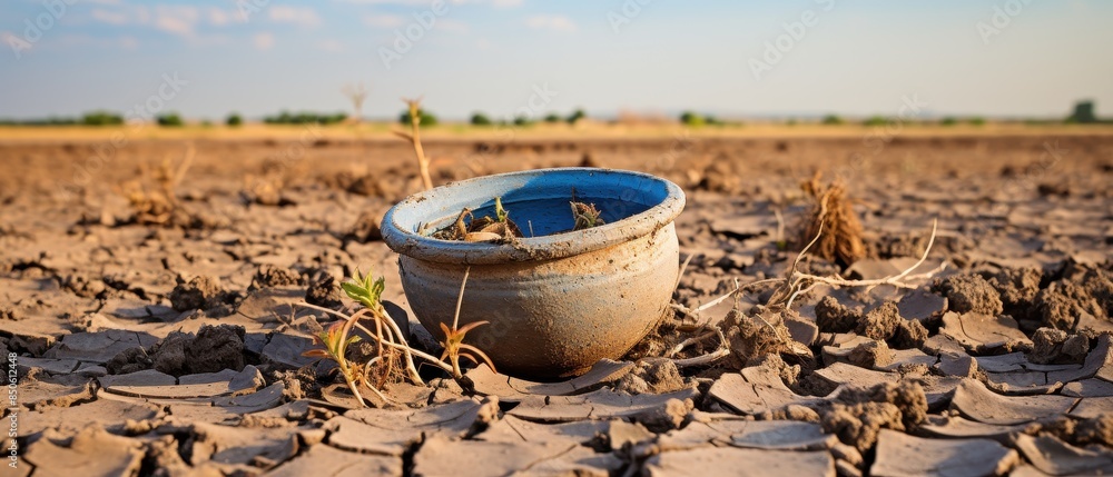 Fototapeta premium Cracked clay pot in a barren field,