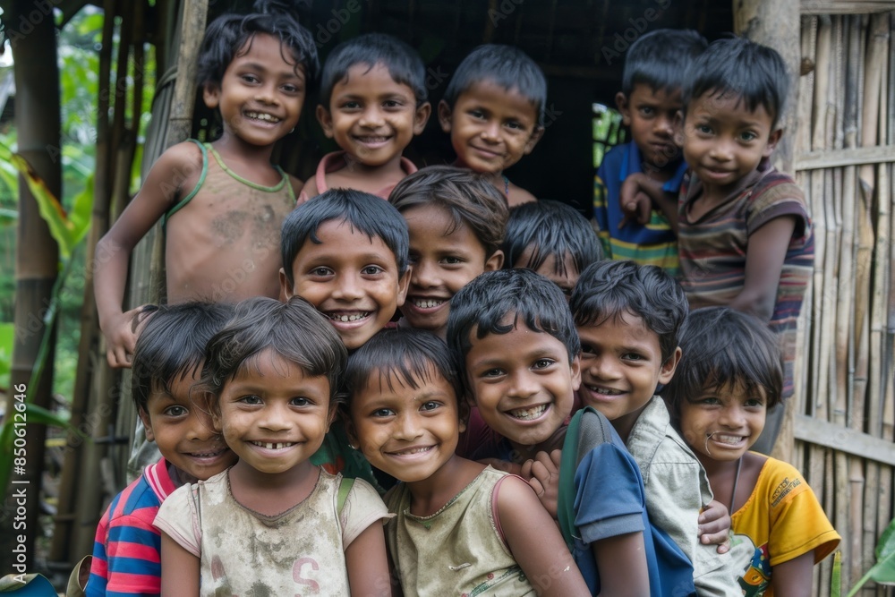 Group of happy indian kids in the village. India, Kerala Group of happy indian kids in the village. India, Kerala