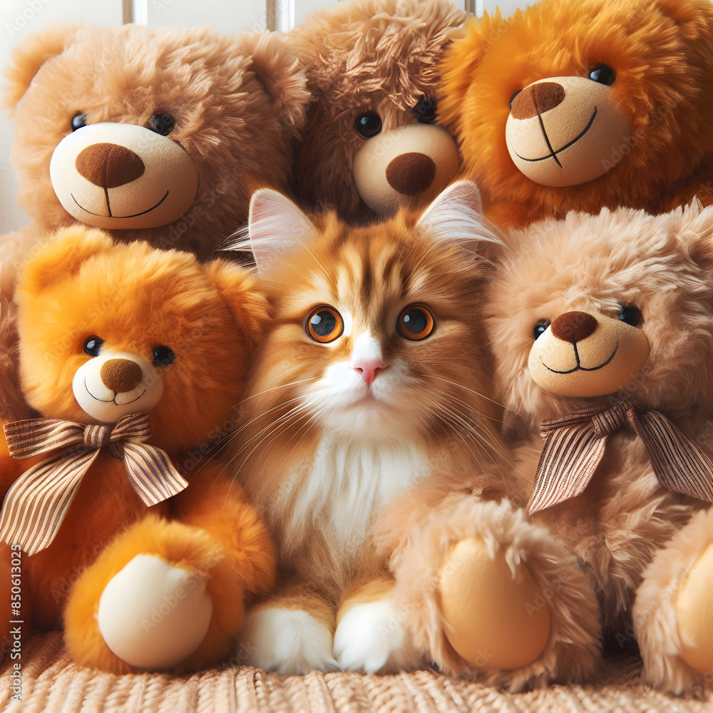 a cat hide in group of teddy bear a cat hide in group of teddy bear