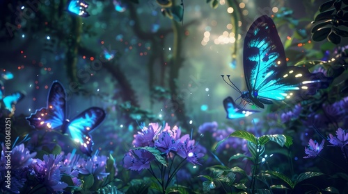 Magical Blue Butterflies in a Twilight Forest - Blue butterflies with glowing wings dance among purple flowers in a mystical forest.