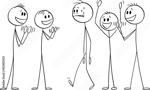 Crowd or team applauds or celebrates a shy person, vector cartoon stick figure or character illustration.