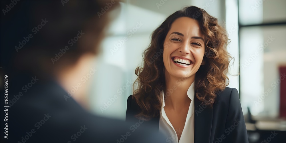 Young businesswoman laughing with colleague in office horizontal image. Concept Office Environment, Business Colleagues, Joyful Moment, Young Professionals, Horizontal Image Young businesswoman laughing with colleague in office horizontal image. Concept Office Environment, Business Colleagues, Joyful Moment, Young Professionals, Horizontal Image