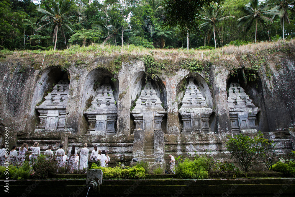 Beautiful view of Gunung Kawi Tampaksiring and ritual in Ubud, Bali Island, Indonesia