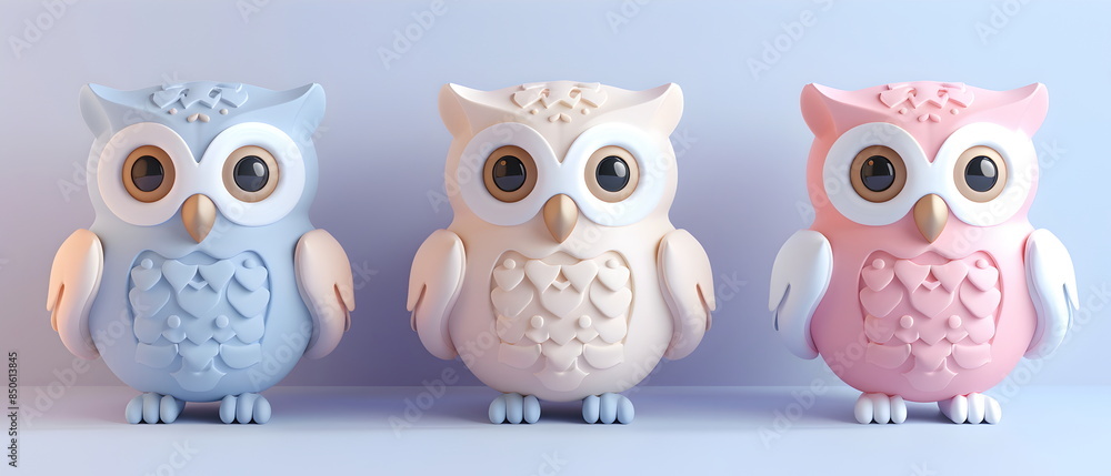 Fototapeta premium 3D clay, Adorable clay owl bird ,muted pastels, Blender 3d, Easter bunny with colorful eggs and cute , kawaii pets model, dolls decorations