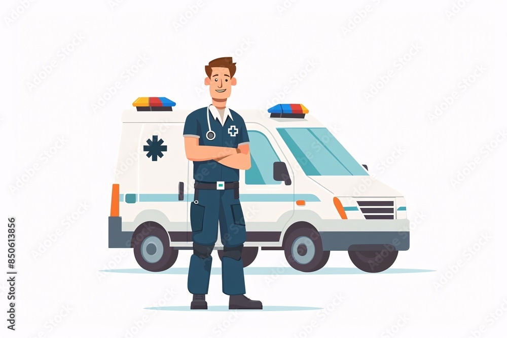 Smiling 64-Bit Paramedic Character in Flat Design, Isolated on White Background Smiling 64-Bit Paramedic Character in Flat Design, Isolated on White Background