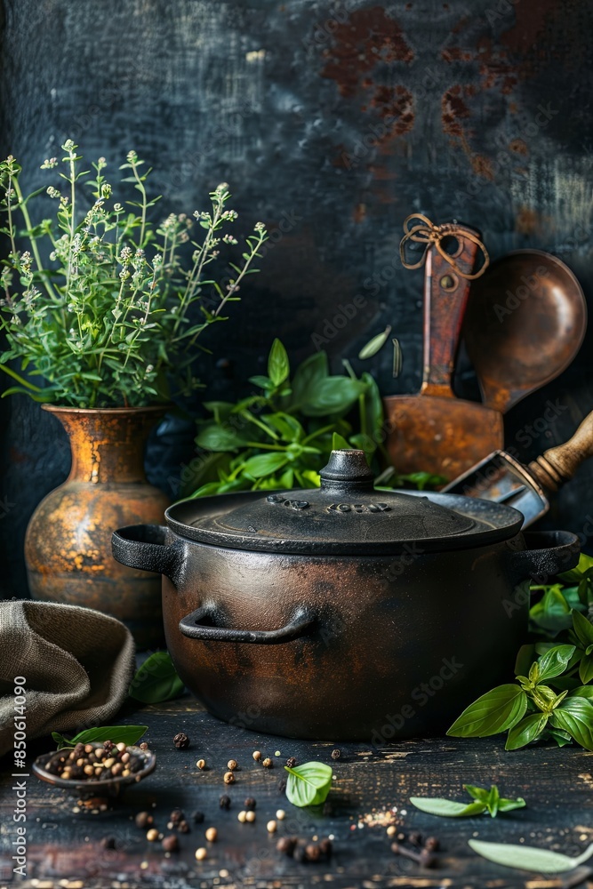 Cast iron pot with fresh herbs, spices and kitchen utensils for delicious cooking on a rustic table. Healthy eating. Home kitchen. Dark. Still life. Food background. Copy space. Cast iron pot with fresh herbs, spices and kitchen utensils for delicious cooking on a rustic table. Healthy eating. Home kitchen. Dark. Still life. Food background. Copy space.