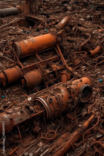 capture super-macro, closeup, detailed, footage continuously spread urban garbage, monstruous aerial picture of rusty technology garbage, continuously covering big asfalt place in nowhere