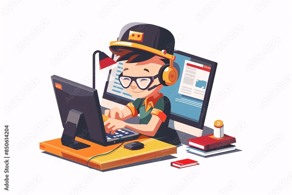 Creative 64-Bit Web Designer Character in Flat Design on White Background Creative 64-Bit Web Designer Character in Flat Design on White Background