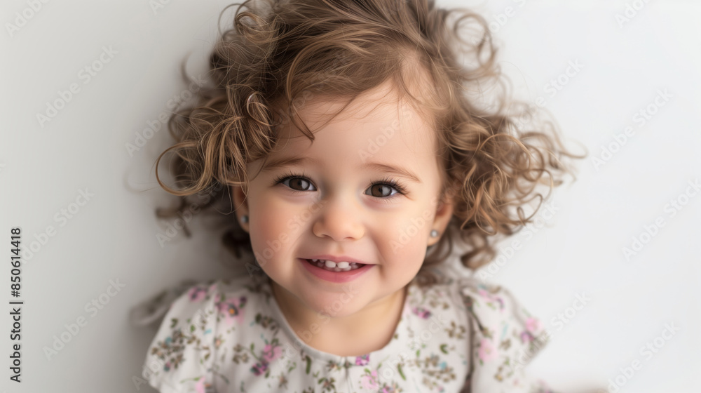 Portrait of a smiling cute little girl with curly blonde hair on a gray background. Portrait of a smiling cute little girl with curly blonde hair on a gray background.