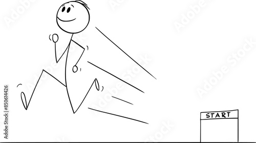 Person on track running from start, vector cartoon stick figure or character illustration.