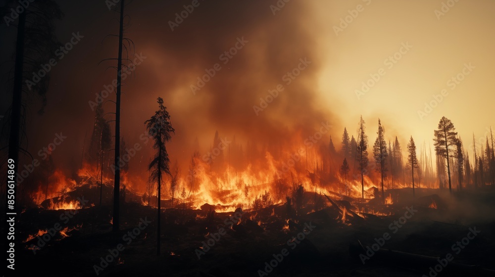 Intense Wildfire Consuming a Forest at Dusk. Intense Wildfire Consuming a Forest at Dusk.