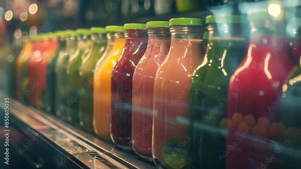 Green and pink juices in line in the restaurant Green and pink juices in line in the restaurant