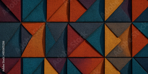 Ein dynamisches, geometrisches Muster aus farbenfrohen Dreiecken. Die Kombination von Farben und Formen erzeugt ein energiegeladenes und auffälliges visuelles Erlebnis