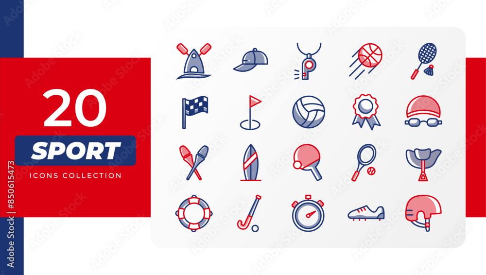Big set of 20 vector icons of accessories for different sports. Modern flat pictograms of stopwatch, stick, ball, tennis racket, medal, helmet, saddle, lifebuoy, surfboard. Sports competitions Big set of 20 vector icons of accessories for different sports. Modern flat pictograms of stopwatch, stick, ball, tennis racket, medal, helmet, saddle, lifebuoy, surfboard. Sports competitions