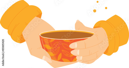 Hands holding hot beverage cup, autumn warmth concept. Person enjoying warm drink, cozy sweater sleeve, fall leaves pattern. Hands gripping cup tea coffee, comfort season illustration, isolated