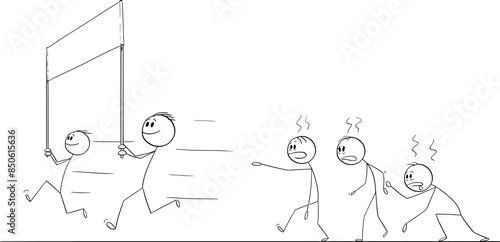 Competitors are trying to get to the finish line, vector cartoon stick figure or character illustration.