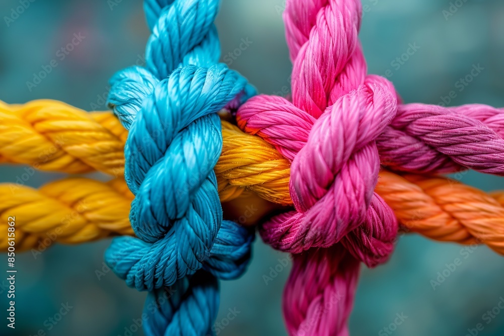 Experience the essence of teamwork and partnership in this captivating image, where a group of vibrant ropes intertwine harmoniously to shape a bold direction arrow Experience the essence of teamwork and partnership in this captivating image, where a group of vibrant ropes intertwine harmoniously to shape a bold direction arrow