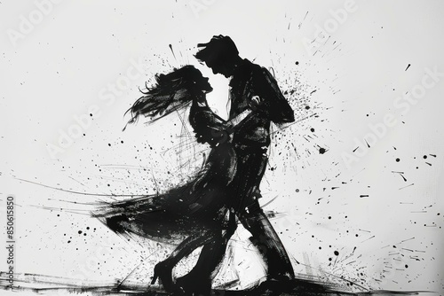 Abstract black and white artwork of a dancing couple silhouette with dynamic paint splatters