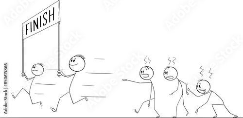 Competitors are trying to get to the finish line, vector cartoon stick figure or character illustration.