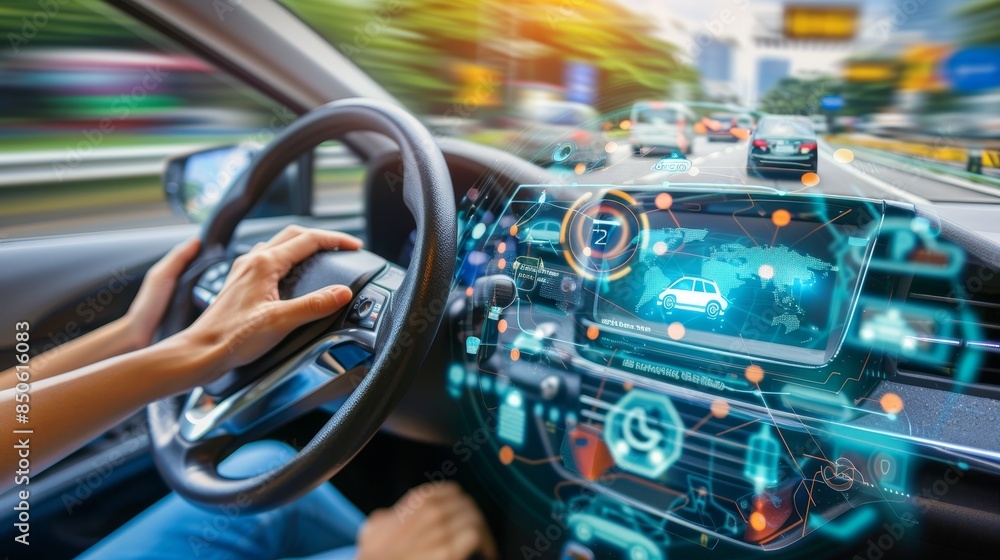 Confident man s hand on steering wheel of self driving car navigating city traffic Confident man s hand on steering wheel of self driving car navigating city traffic