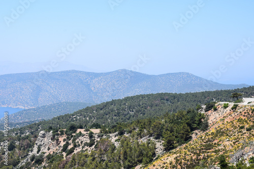 Panorama view on a clear summer day full of sun. Panorama of the island of Rhodes. 