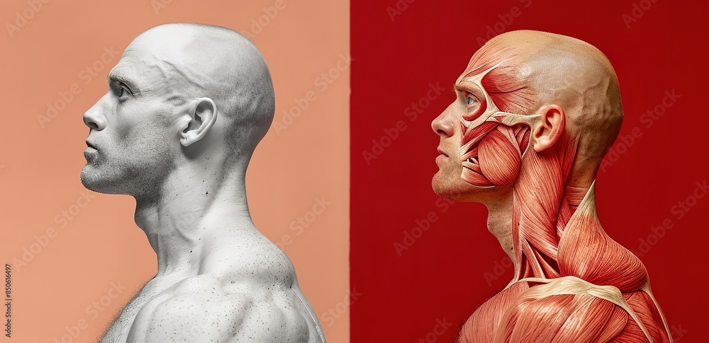 An illustration of a white human next to human muscle anatomy in red An illustration of a white human next to human muscle anatomy in red