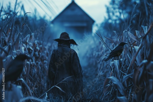 Mysterious Scarecrow in Misty Cornfield at Twilight, Halloween horror concept