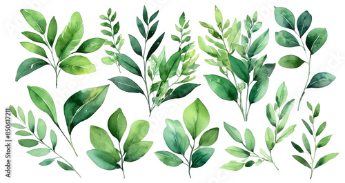 Set of leaves green. watercolor illustration. Isolated transparent background.