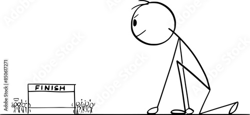 Sprinter on starting line ready to start and run, vector cartoon stick figure or character illustration.