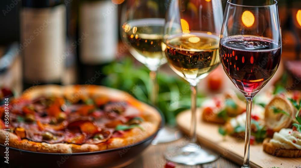 Three glasses of wine and a delicious pizza in a cozy dining setting, perfect for a relaxing meal. Three glasses of wine and a delicious pizza in a cozy dining setting, perfect for a relaxing meal.