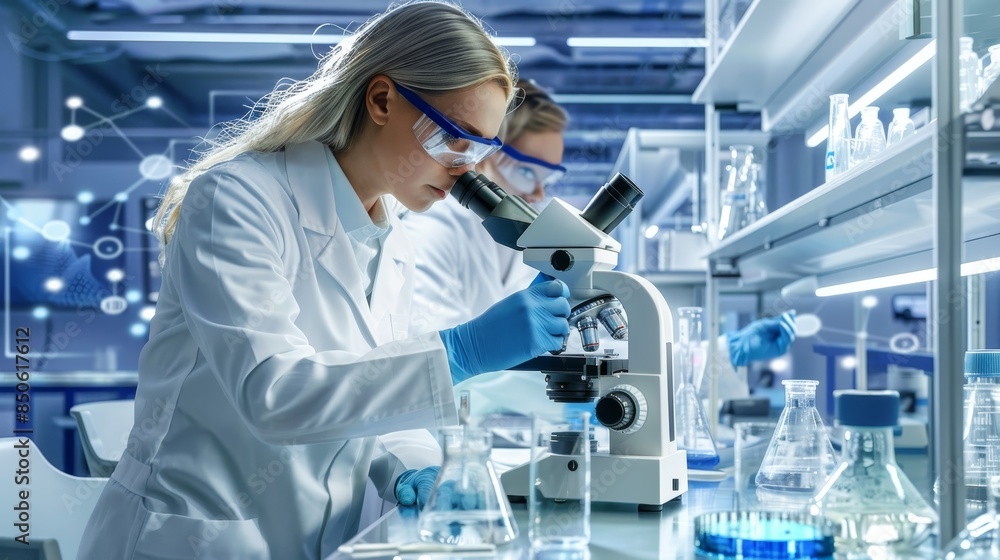 Focused scientist in lab coat utilizing microscope for precision research in high tech laboratory Focused scientist in lab coat utilizing microscope for precision research in high tech laboratory
