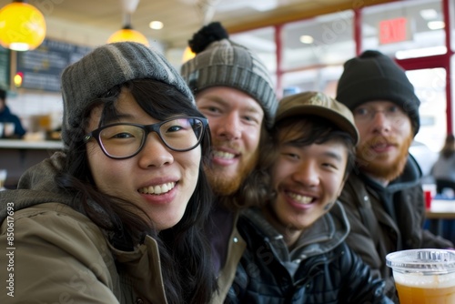 Group of friends asian and caucasian in a coffee shop