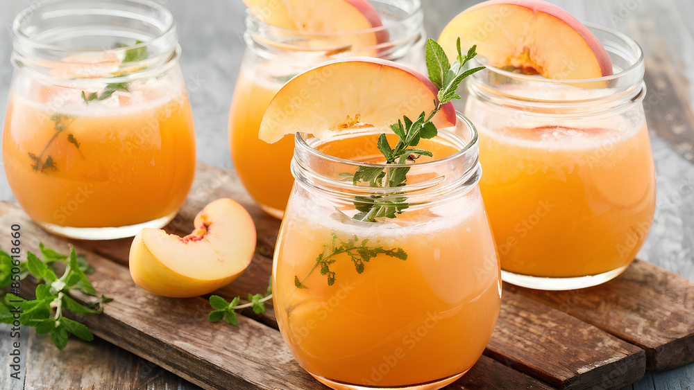 A refreshing peach-flavored drink garnished with mint, showcasing vibrant orange hues. A refreshing peach-flavored drink garnished with mint, showcasing vibrant orange hues.