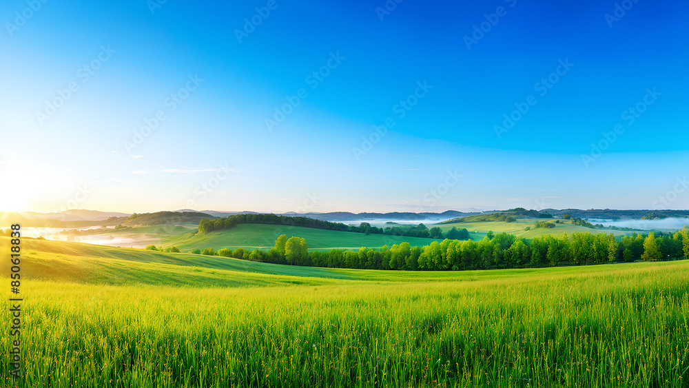 A serene panorama of an idyllic pastoral meadow at sunrise with tall grass swaying. A serene panorama of an idyllic pastoral meadow at sunrise with tall grass swaying.