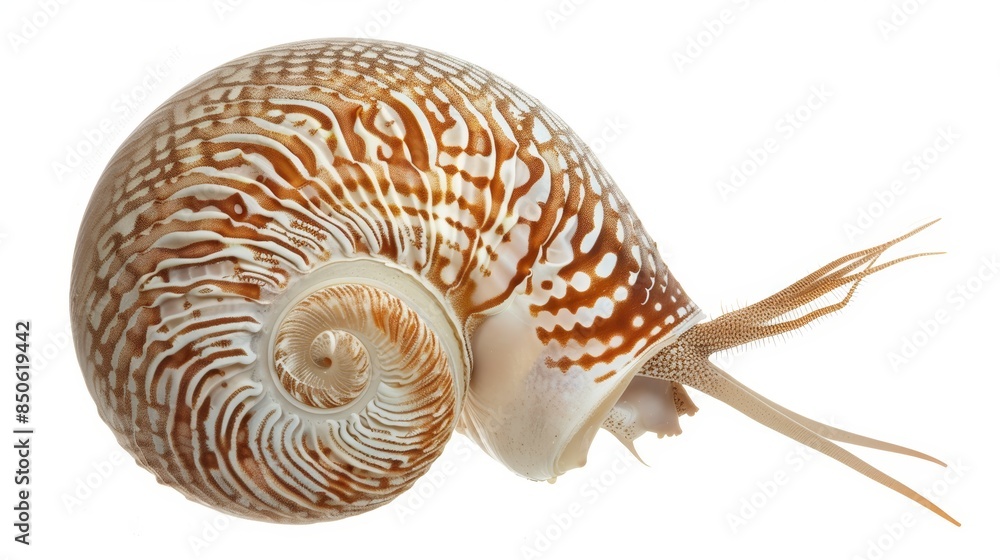 Beautiful brown and white seashell with a stunning spiral shape rests on a white background Beautiful brown and white seashell with a stunning spiral shape rests on a white background
