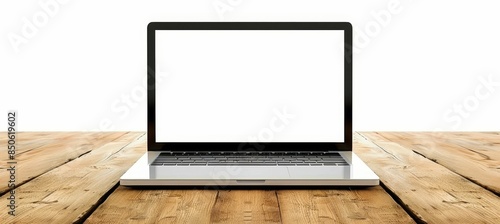 Minimalist laptop setup on wooden table with blank wall, displaying clean desktop and open document photo