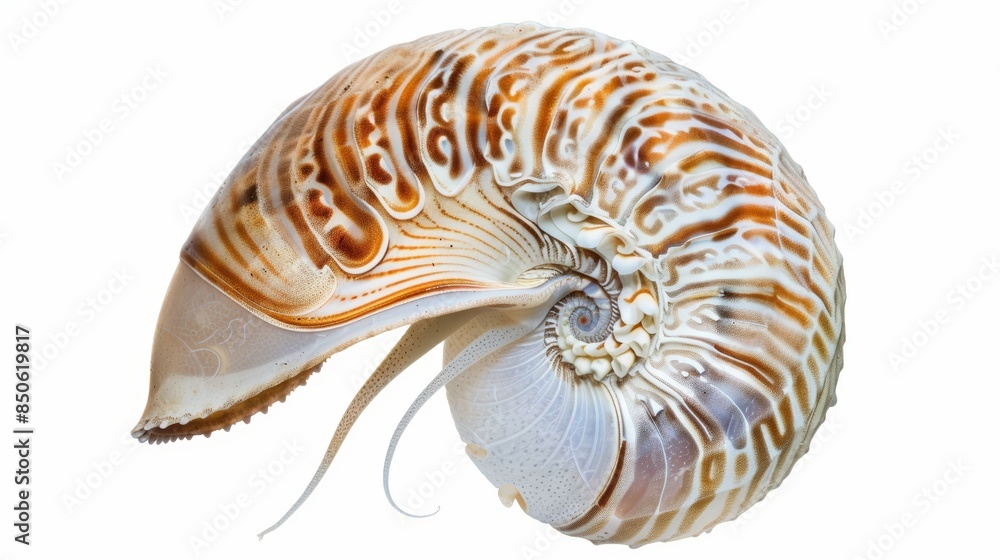 Chambered nautilus shell is shown with its intricate spiral structure and opalescent interior Chambered nautilus shell is shown with its intricate spiral structure and opalescent interior