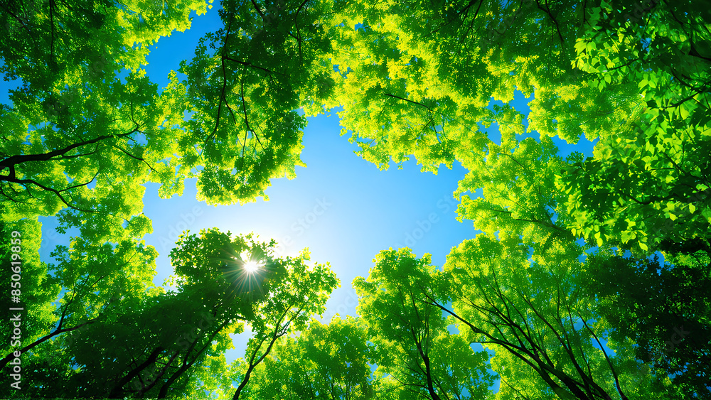 Skyward Gaze: A Breathtaking Perspective of Majestic Trees Reaching Towards the Sky, Their Green Leaves Creating a Natural Frame Against a Bright Blue Sky Skyward Gaze: A Breathtaking Perspective of Majestic Trees Reaching Towards the Sky, Their Green Leaves Creating a Natural Frame Against a Bright Blue Sky